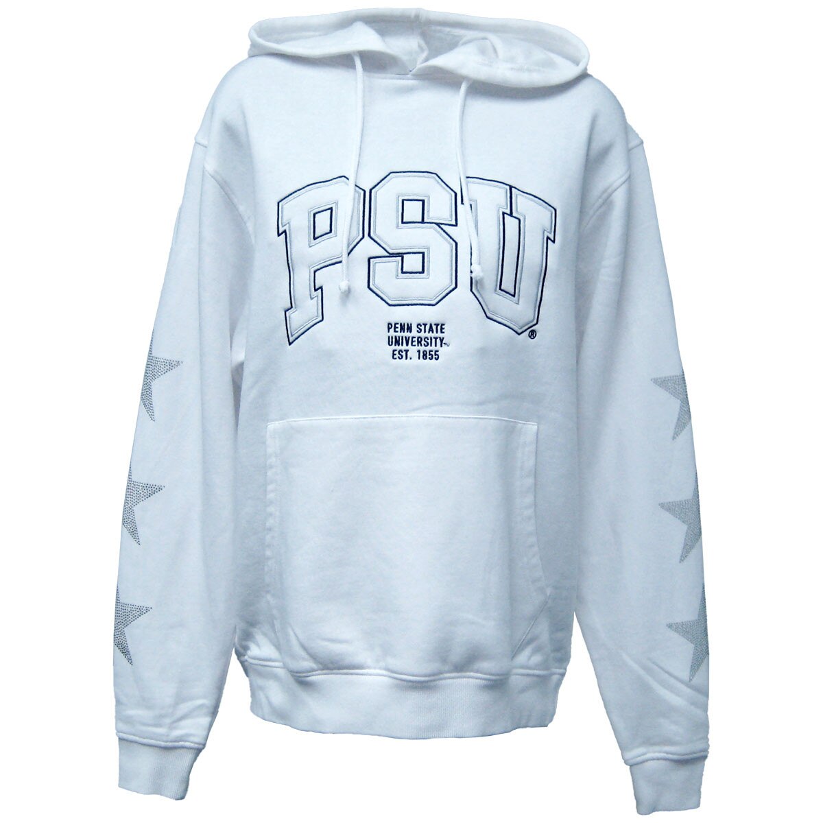 women's white hoodie with PSU Penn State University Est. 1855 and rhinestone stars on sleeves